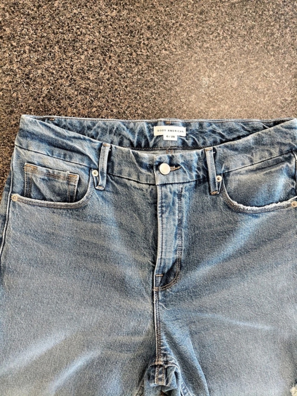 Good American Women's Distressed Straight Leg Jeans in Blue Waist 28